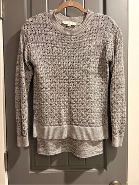LOFT Marled Gray Pointelle Knit Sweater XS Cotton Blend